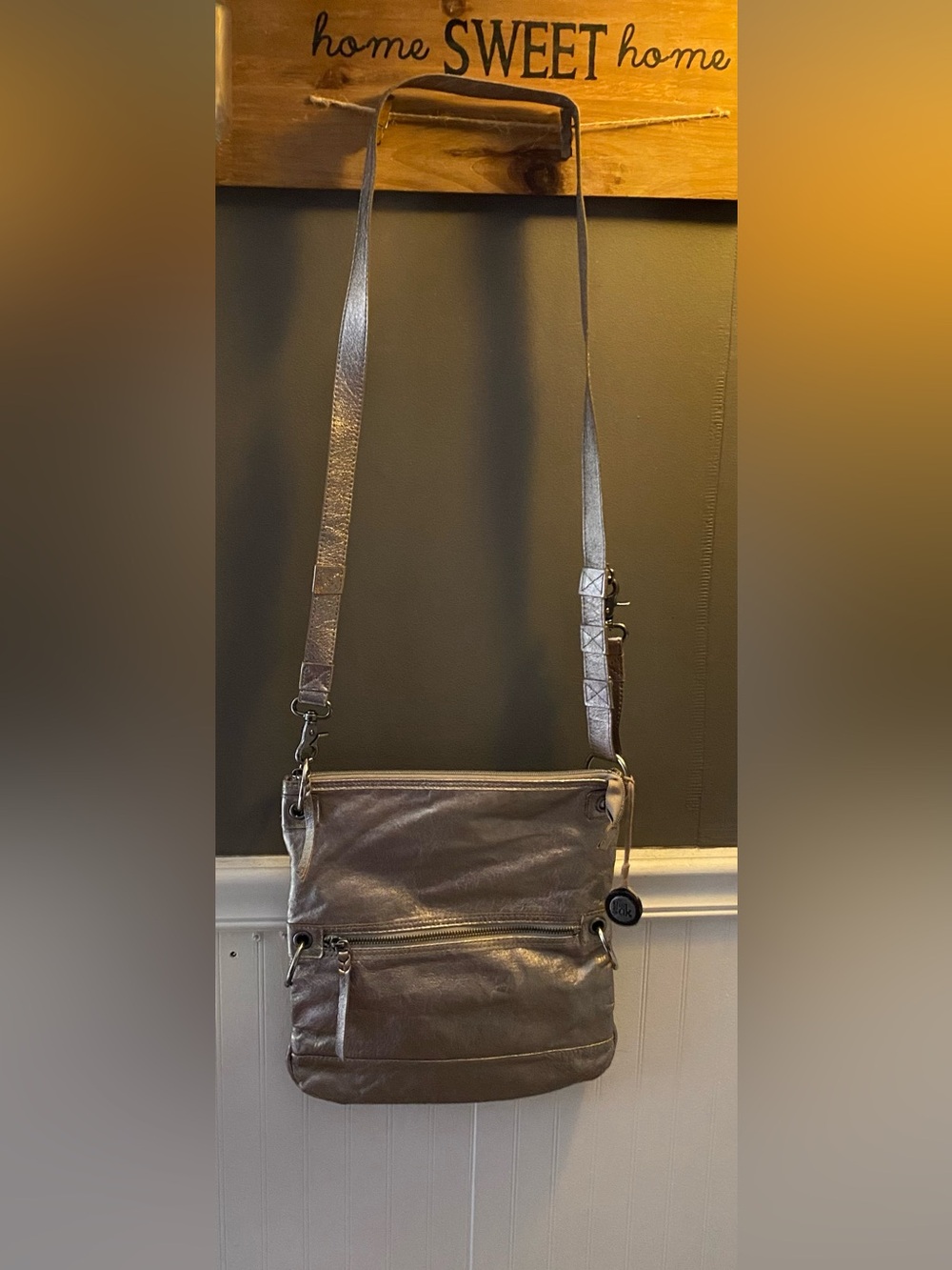 “The Sak”Metallic Silver Messenger Crossbody Bag with Adjustable Strap